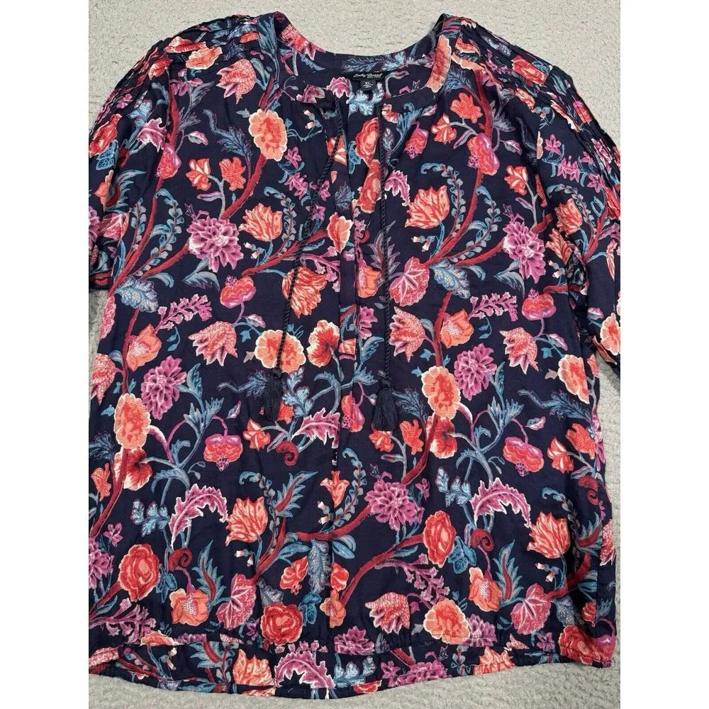Lucky Brand Womens Blouse XL Dark Blue Red Pink Floral Long Sleeve Tie‎ Front - Picture 4 of 12